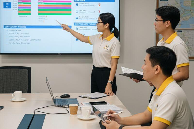 Dong DMC operations briefing with driver duty windows, stop plan, and contingency triggers reviewed before a multi-day coach movement